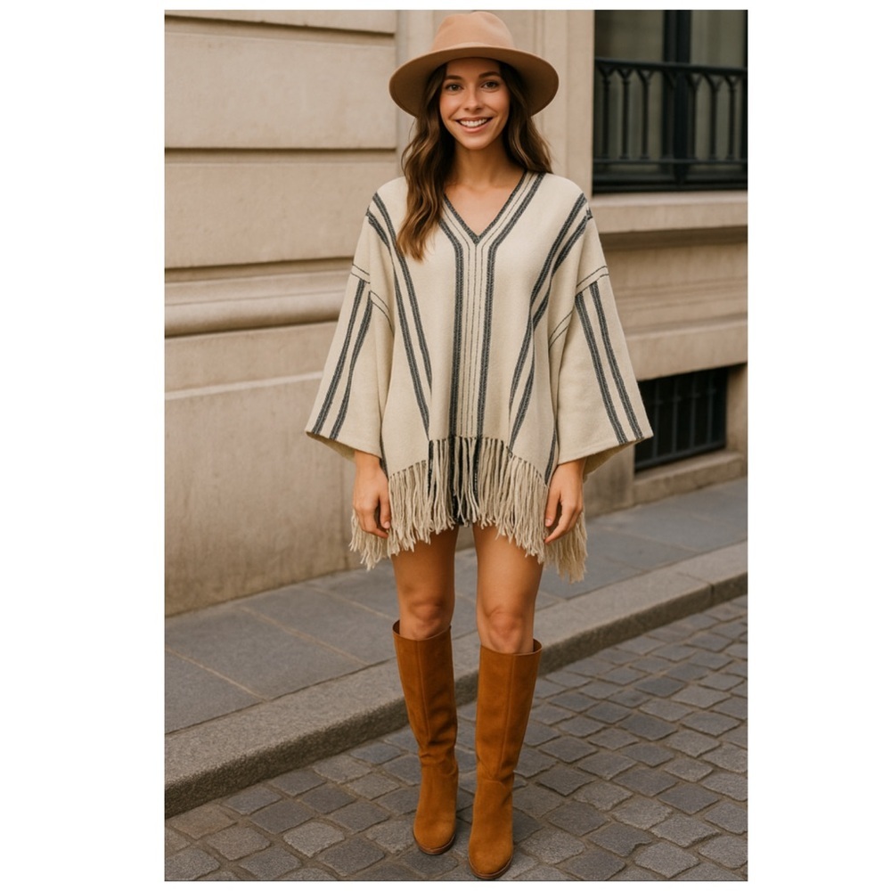 Apiece Apart Ivory Black Striped Fringe V Neck Poncho Sweater Cotton NWT Size XS